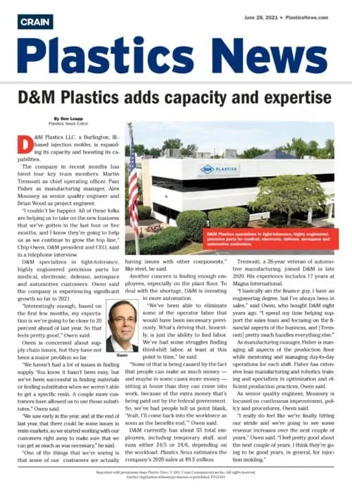 D&M Plastics adds capacity and expertise - Plastics News